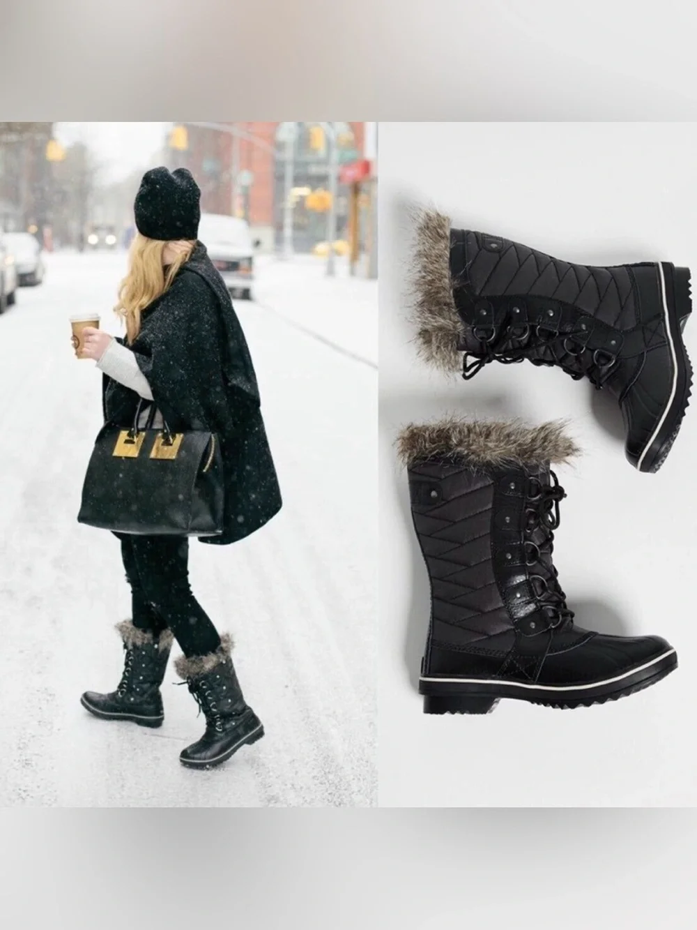 Sorel Women’s Size 9 Quilted Black Lace-Up Winter Boots with Faux Fur Trim